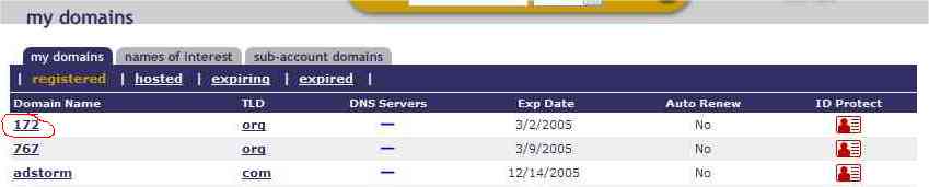 click on a domain name to manage